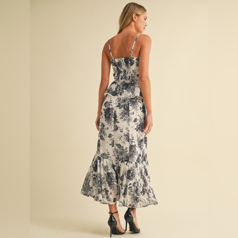 Floral Peplum Midi Dress in White , Gray and Black - Picture 3 of 3